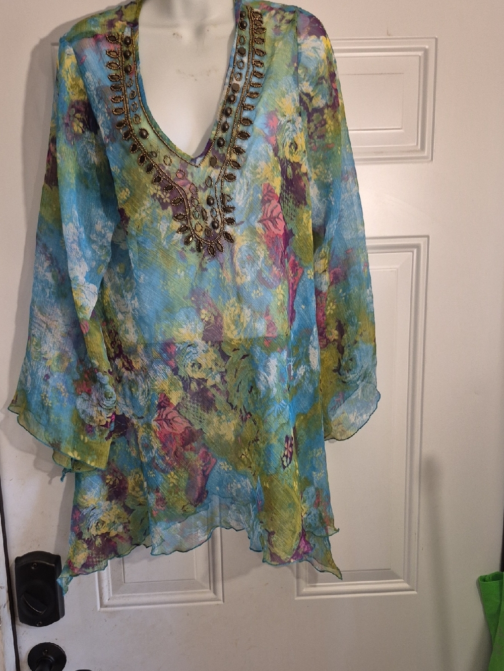 Embellished V-Neck Sheer Floral Tunic - Blue Multi